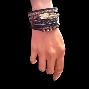 Decorative bracelet cuff bands cording glass copper beads feather magnetic clasp